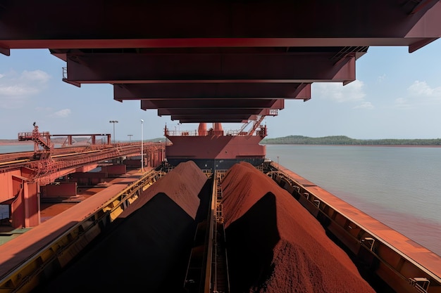 Il minerale di ferro viene caricato nella nave da trasporto in banchina