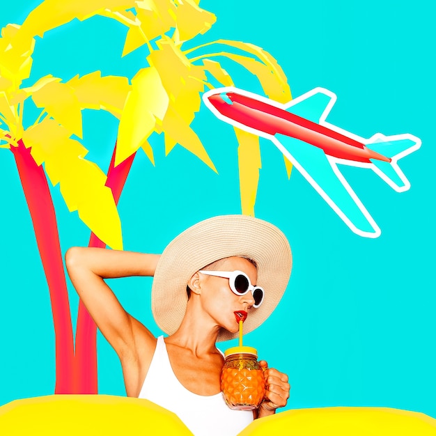 Il mio concetto di vacanza colorato. Stile Lady Beach. Arte minimale estiva