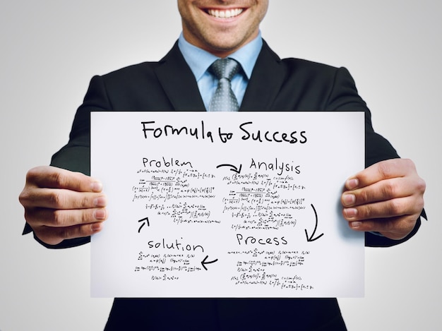 Il mio metodo di successo Inquadratura ritagliata di un uomo d'affari che tiene in mano un diagramma di flusso per il suo successo