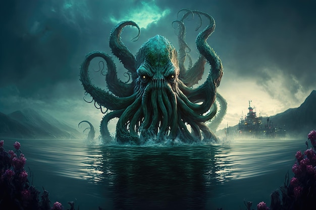Il misterioso mostro Cthulhu nel mare tentacoli enormi che sporgono dall'illustrazione 3d del paesaggio acquatico
