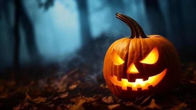 Il mistero notturno della zucca di Halloween nella foresta buia di notte