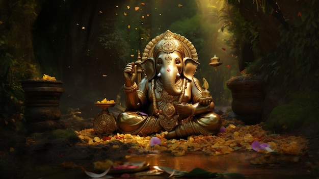 Il mistico Ganesha tra i fiori fioriti generati dall'AI
