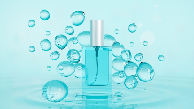 Il modello blu della bottiglia di profumo con le bolle sul profumo unisex del fondo blu che imballa 3d rende