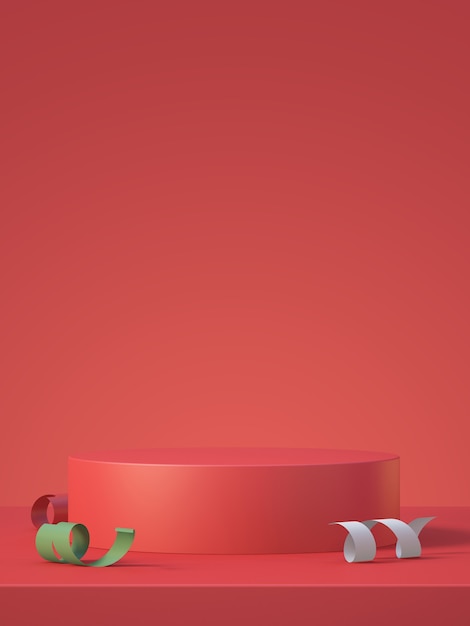 Il modello del podio del prodotto di Natale e capodanno mostra lo sfondo con il nastro, sfondo di rendering 3D