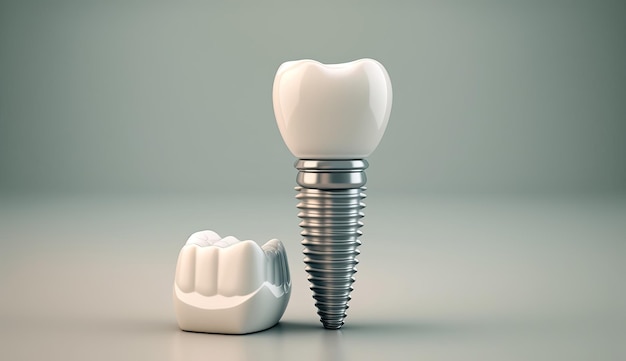 Il modello dell'impianto dentale e della corona su uno sfondo luminoso AI generativa