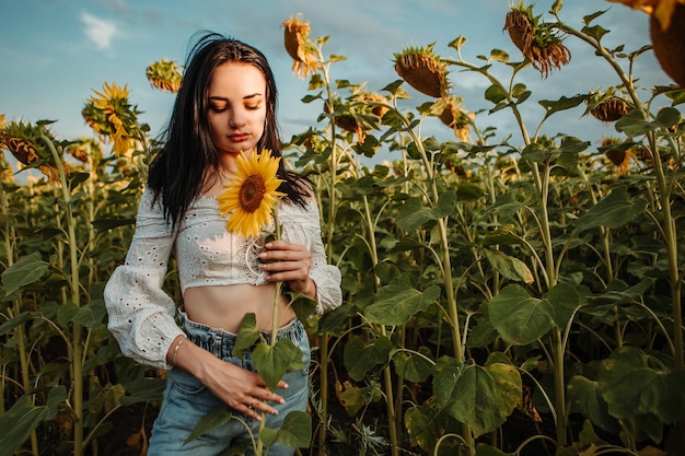 Il modello della bella ragazza cammina attraverso il tramonto all'aperto del giacimento di girasole di fioritura del mazzo giallo