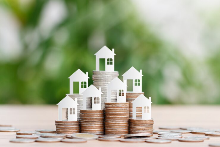 Il modello della casa sulla pila delle monete per il risparmio per comprare una casa