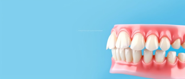 Il modello della mascella viene utilizzato dal dentista per dimostrare come i denti e la mascella umani funzionano su sfondo blu