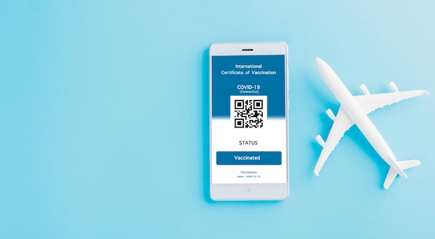 Il modello di aeroplano e il pass di immunità sono disposti su applicazione su smartphone