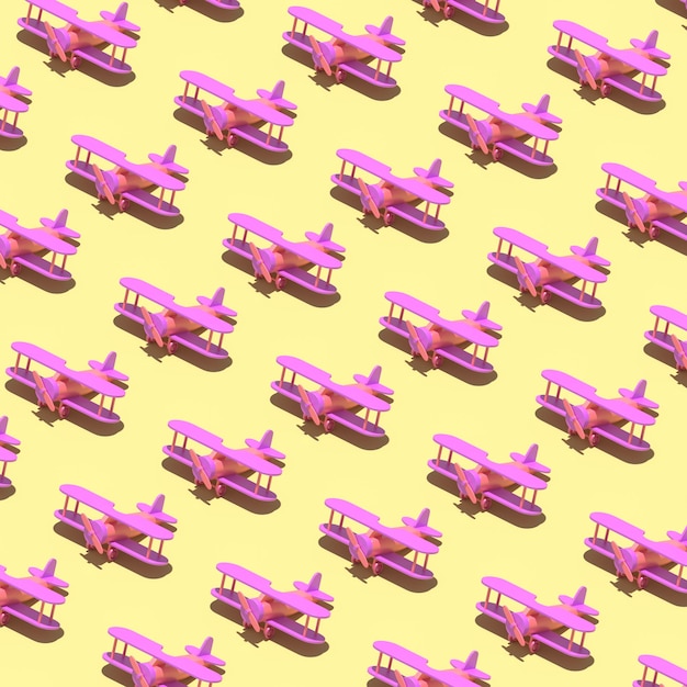 Il modello di aeroplano rosa colorato su sfondo giallo pastello 3d rende l'illustrazione