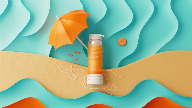 Il modello di annuncio sunblock è un'illustrazione 3D di un tubo di sunblock schiacciato dai contorni delle onde del mare sul fondo dell'ombrello disegnato sulla spiaggia in vista superiore