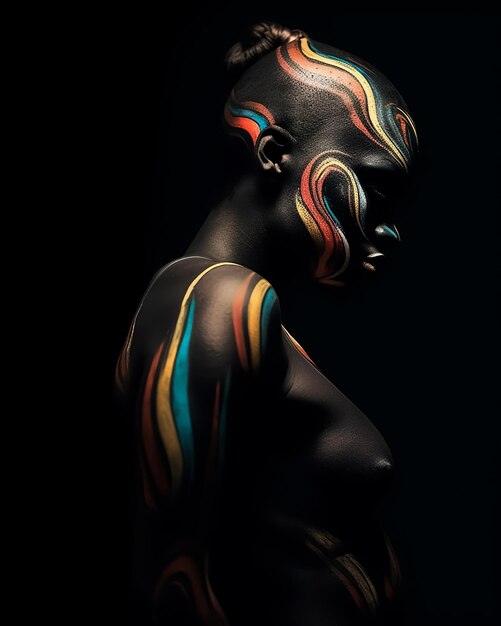 il modello di moda Afro Dark skin si trova al buio con un tatuaggio colorato dipinto in piena pelle Luce drammatica