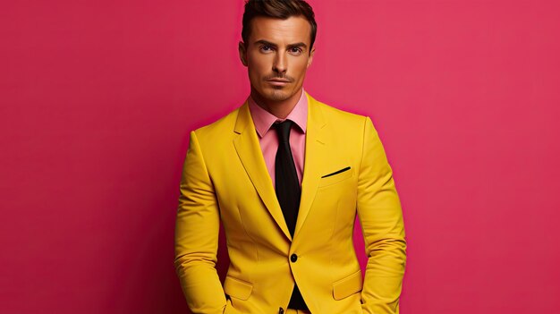 Il modello maschio bianco di successo in un elegante abito giallo si erge con sicurezza su uno sfondo rosa che rappresenta un uomo d'affari e CEO di successo