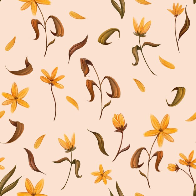 Il modello senza cuciture di una mano oilstyle ha disegnato fiori gialli e steli marroni foglie e petali su uno sfondo biege