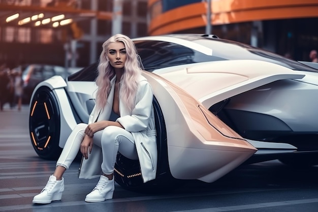 Il modello sexy della ragazza della donna si siede dall'automobile sportiva futuristica di lusso nell'intelligenza artificiale generativa della città