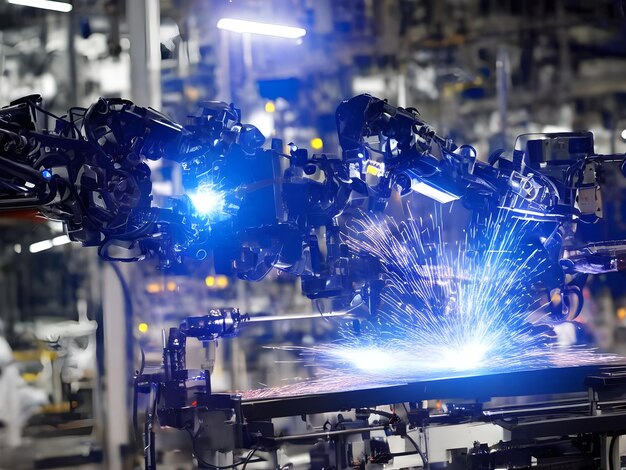 Il moderno braccio robotico industriale ad alta tecnologia sulla linea di produzione della linea di produzione in fabbrica viene saldato IA generativa