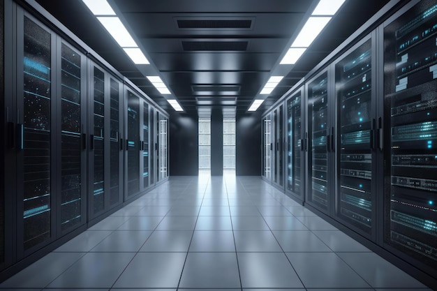 Il moderno data center con file di server rack in un'ampia sala, un'infrastruttura hightech garantisce prestazioni affidabili e una rapida elaborazione dei dati. È generativo con l'intelligenza artificiale