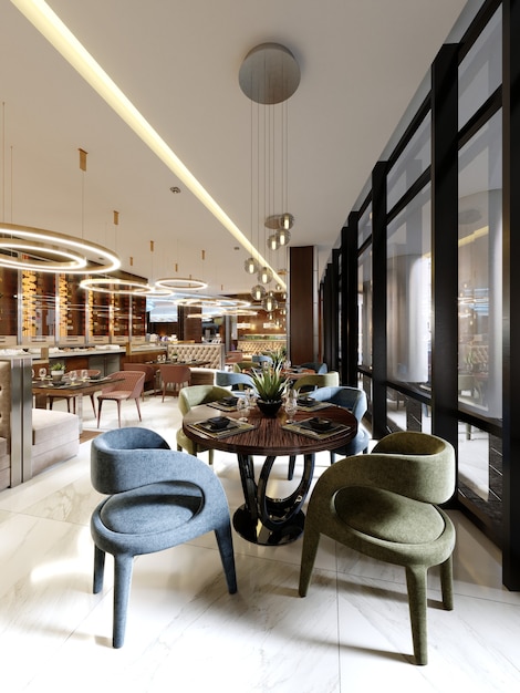 Il moderno design concettuale degli interni del ristorante è in stile contemporaneo con elementi classici. rendering 3D.