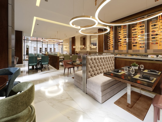 Il moderno design concettuale degli interni del ristorante è in stile contemporaneo con elementi classici. rendering 3D.