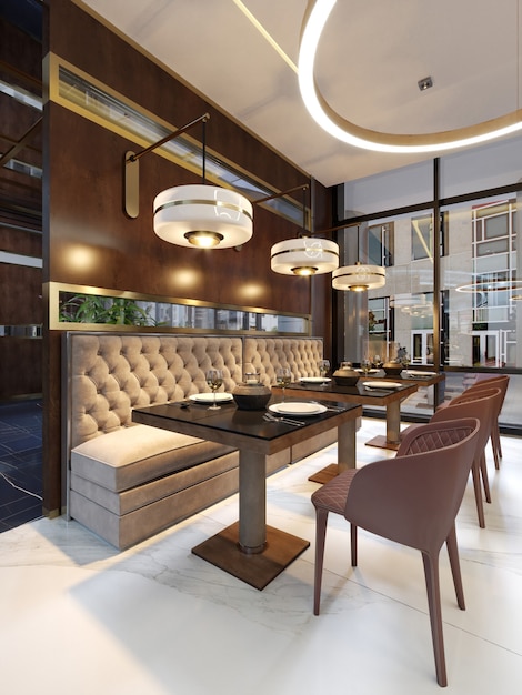 Il moderno design concettuale degli interni del ristorante è in stile contemporaneo con elementi classici. rendering 3D.
