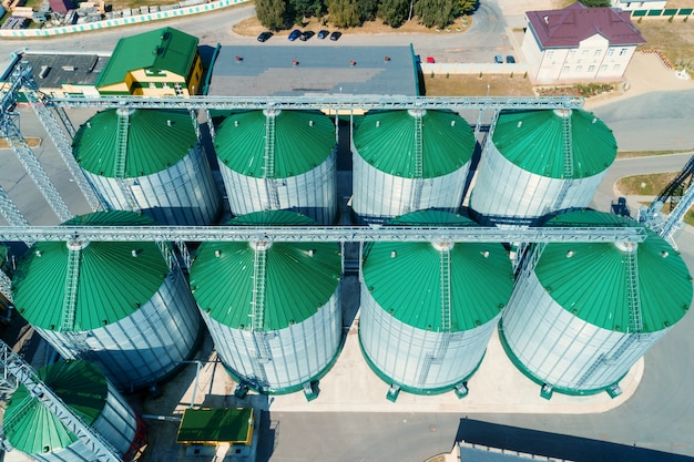 Il moderno granaio. Silos metallici con tetti verdi.