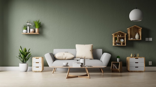 Il moderno soggiorno con divano bianco ha mobili e ripiani in legno su pavimenti in legno e pareti bianche