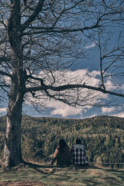 Il modo migliore per trascorrere le vacanze. Vista posteriore di una giovane coppia che ammira il panorama mentre è seduta sulla cima della montagna sotto l'albero