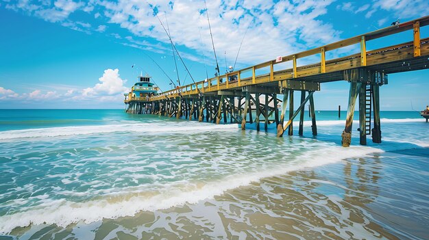 Il molo pubblico per la pesca in legno si estende nell'oceano in una giornata di sole con il cielo blu e le nuvole bianche sullo sfondo