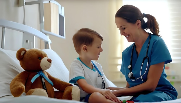 Il momento commovente di un bambino malato di cancro che riceve un orsacchiotto da un'infermiera