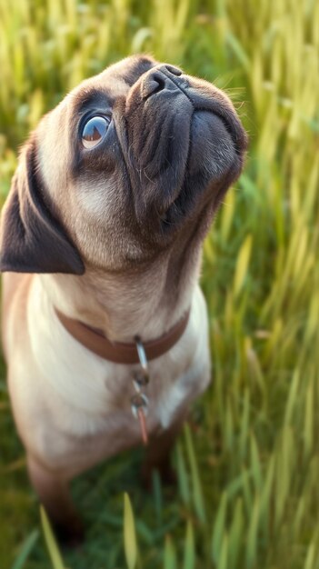 Il momento del prato verde il saggio vecchio pug catturato in carta da parati mobile verticale di alta qualità