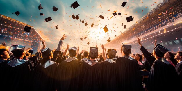 il momento della laurea con gli studenti in cappelli e abiti AI generativo