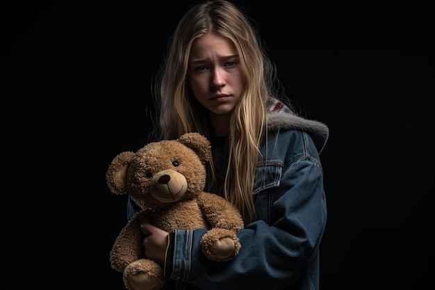 Il momento emotivo di un'adolescente che abbraccia un orsacchiotto in giacca denim