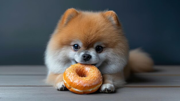 Il momento gioioso di un cane pomeraniano che mangia una ciambella in una fotografia speciale