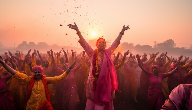 il momento sereno dell'alba durante Holi con le persone che iniziano le loro celebrazioni