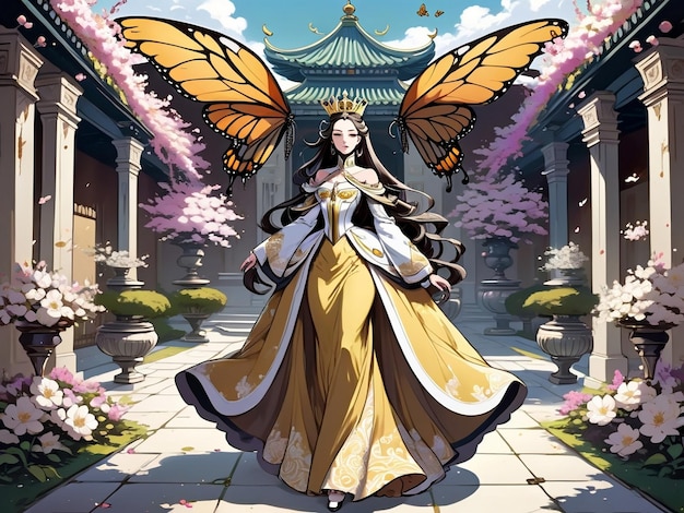 Il monarca regale passeggiando in un opulento cortile circondato da fiori in fiore