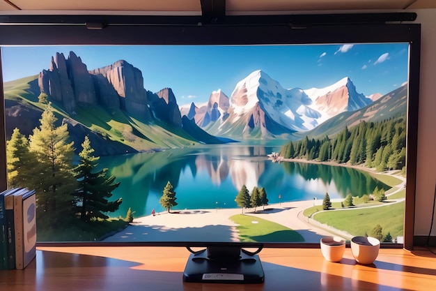 Il monitor di un computer con una montagna e un lago sullo sfondo.