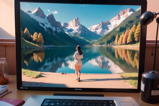 Il monitor di un computer mostra una donna in piedi davanti a un lago e montagne.