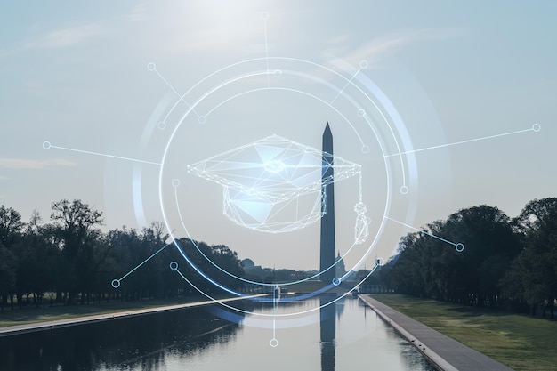 Il Monumento a Washington e il Campidoglio Washington DC USA Visto dalla piscina riflettente Tecnologie e concetto di istruzione Ricerca accademica ologramma universitario di alto livello