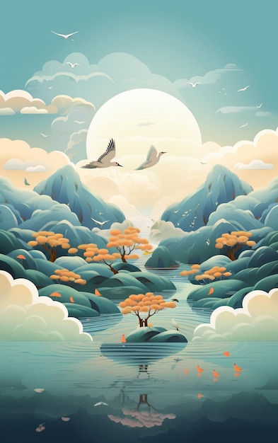 Il mooncake cinese con uccelli e nuvole illustrazione vettoriale