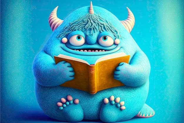 Il mostro carino paffuto bigeared legge libri su sfondo blu ai generativo