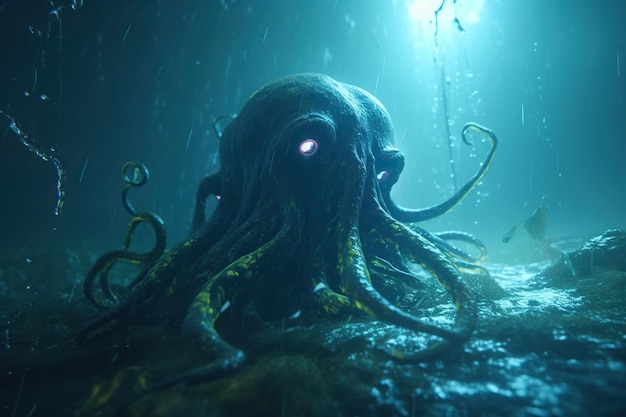 Il mostro Cthulhu ha attaccato la città e le barche al molo del porto Il mostro dell'Apocalisse con tentacoli teme l'orrore