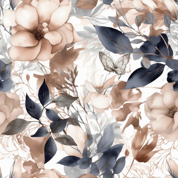 Il motivo floreale senza cuciture illustra l'acquerello tradizionale e i dettagli in oro rosa IA generativa