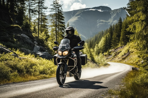 Il motociclista percorre tortuose strade di montagna immergendosi nella bellezza paesaggistica
