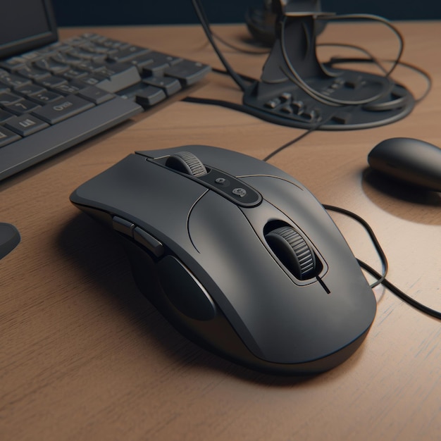 Il mouse di un computer nero con un pulsante che dice "esc".