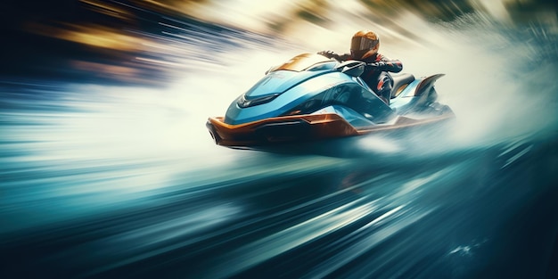 Il movimento ad alta velocità della moto d'acqua personale sfoca l'incarnazione dell'adrenalina e del divertimento veloce sull'acqua AI Generative AI