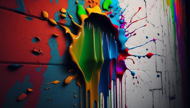 Il muro è dipinto con schizzi di vernice multicolore e macchie di IA generativa