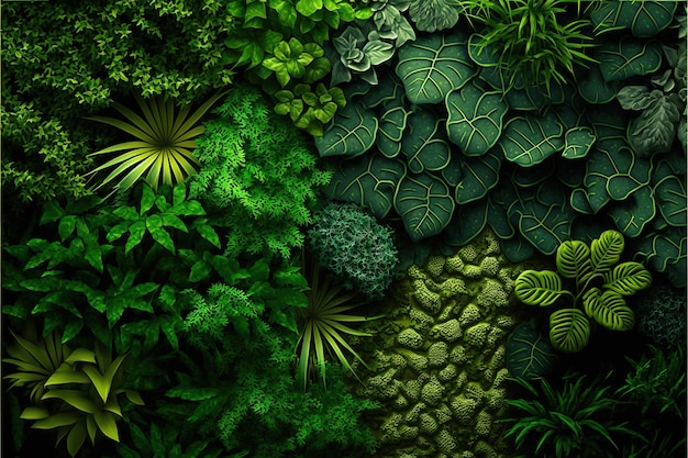 Il muro è pieno di vegetazione verde Illustrazione generativa