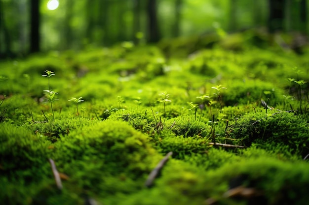 Il muschio verde cresciuto copre le pietre grezze e sul pavimento della foresta Atmosfera mistica Illustrazione AI generativa