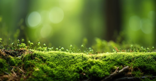 Il muschio verde e i germogli lussureggianti in una foresta