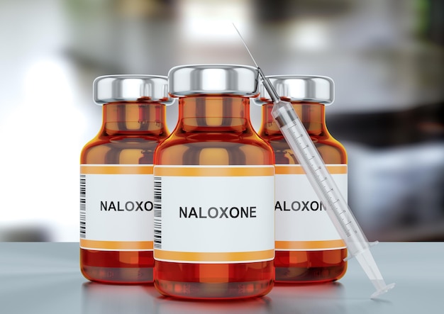 Il naloxone iniettabile viene utilizzato per invertire gli effetti di un sovradosaggio da oppiacei. Antagonista della droga. illustrazione 3D